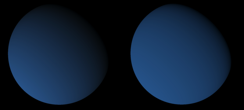 A lit sphere, lighting applied in srgb (left) and physical (right)